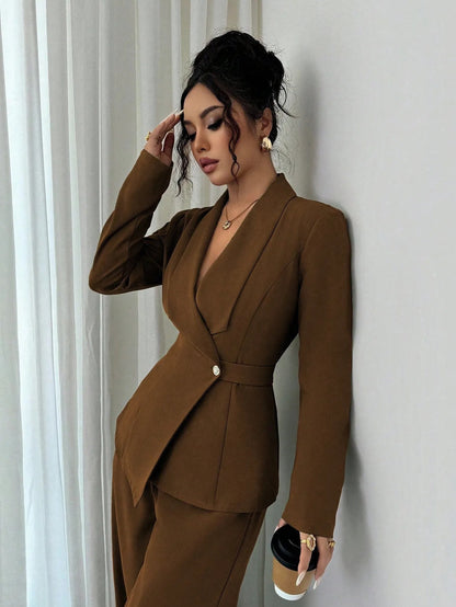 Women's V Neck Long Suit Jacket Wide Leg Pants Two Piece Set