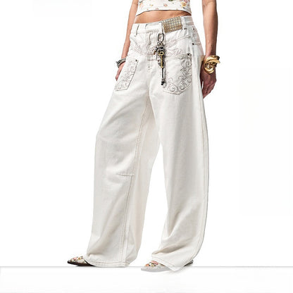 Retro reverse embroidered curved knife jeans for women in summer