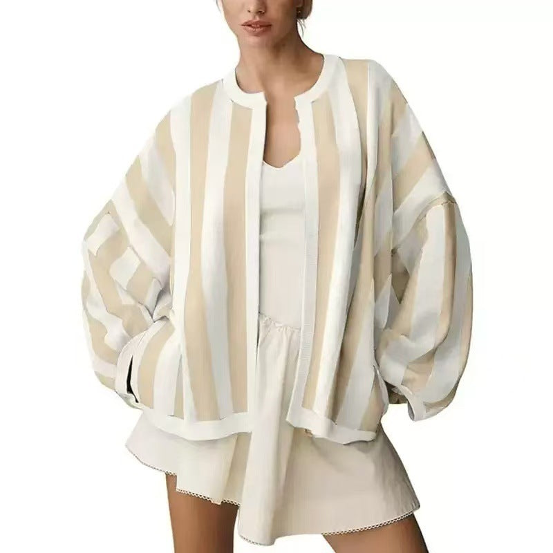 Women's Oversized Color-Block Striped Loose Knit Cardigan