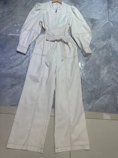 European and American vacation style lantern sleeves, long sleeves, zipper ties, wide leg jumpsuit, long pants