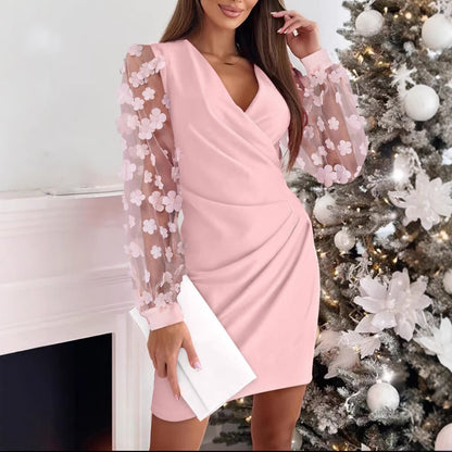 Women's V-Neck Lace Patchwork Long Sleeve Slim Fit Knit Dress