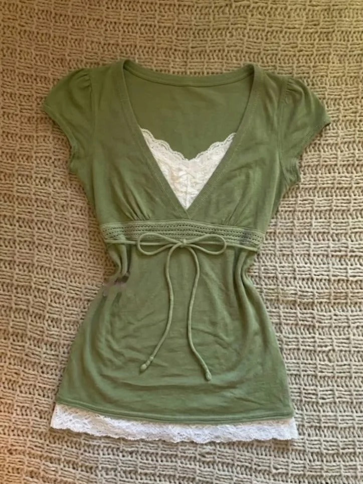 French Retro Lace Spliced Tie-Up Top