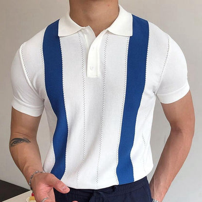 Zomerse gebreide  poloshirt met korte mouwen en strepen slim fit model