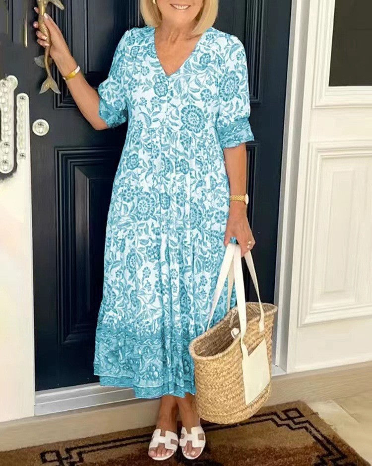 Chic Commuter Long Floral Tie-Dye Print Plus Size Loose Versatile Dress for Women