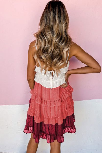 Ombré mini-jurk met Zwitserse stippen ruches en spaghettibandjes