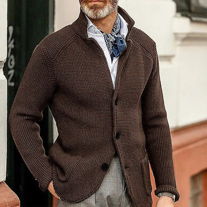 Mens Thick Knit Cardigan Sweater with Buttoned Lapel