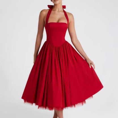 French Backless Cross-Tie Halter Dress