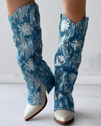 Shiny denim jeans leg boots with pointed thick heels oversized cuffs women's fashion boots