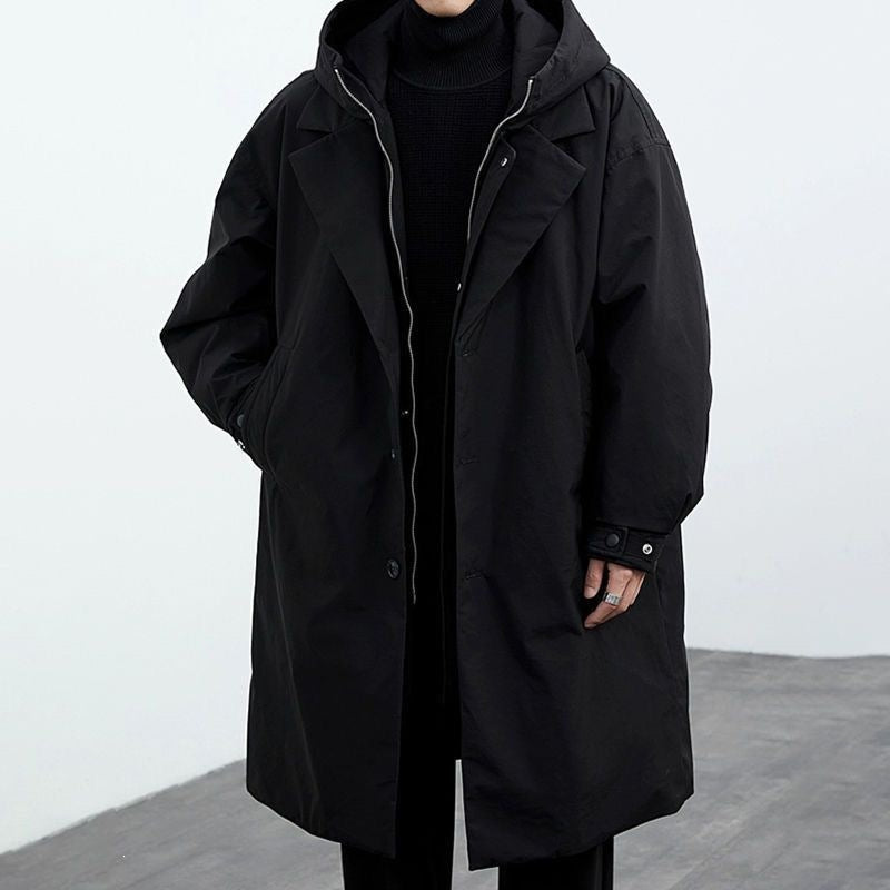 Men's two-piece hooded mid-length warm trench coat overcomes extra-thick