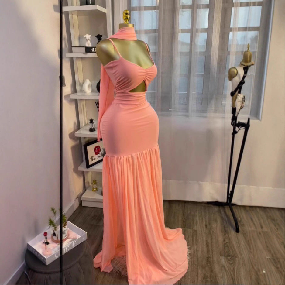 Style Strapless Spliced Sleeveless Dress with Scarf, Elegant Fitted Long Dress