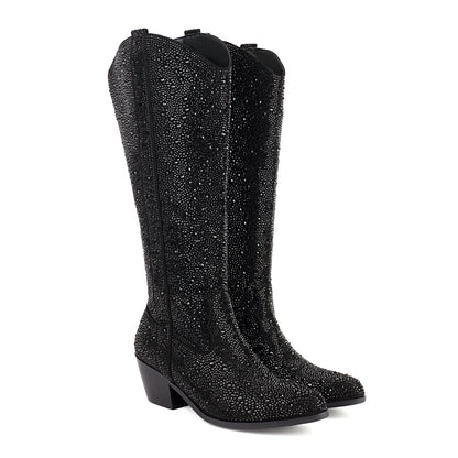 Rhinestone Chunky Heel Denim Boots