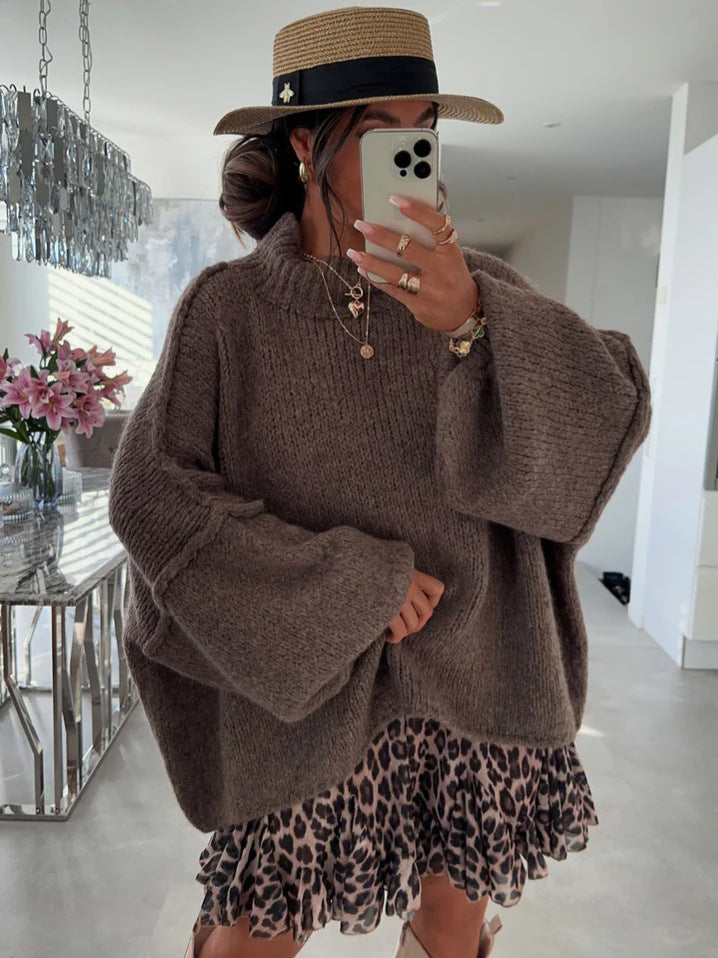 Cross-Border Amazon Foreign Trade New Thick Needle Reverse Bone Knitted Pullover Casual Loose Half Turtleneck Long-Sleeved Sweater for Women