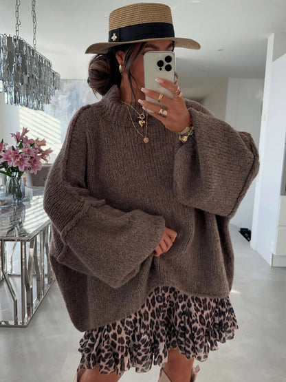 Cross-Border Amazon Foreign Trade New Thick Needle Reverse Bone Knitted Pullover Casual Loose Half Turtleneck Long-Sleeved Sweater for Women