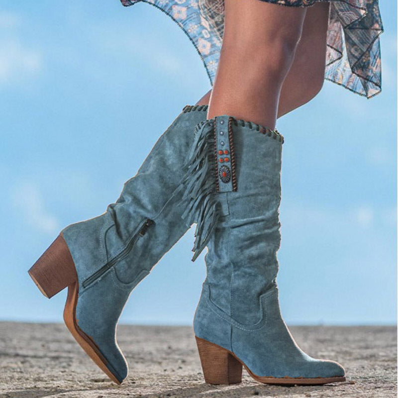 Women's Suede High-Tube Tassel Chunky High-Heeled Boots