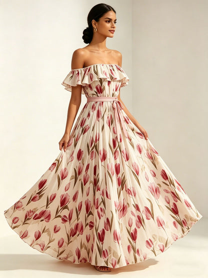 Printed long skirt with waist cinching and large swing dress