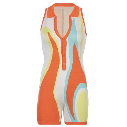 American Lapel Women New Color Block Sleeveless Jumpsuit Shorts One Piece Ladies Clothes