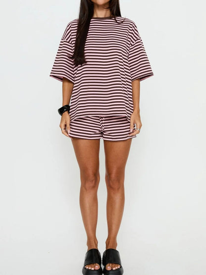Striped Short Sleeve Top and Drawstring Shorts Set