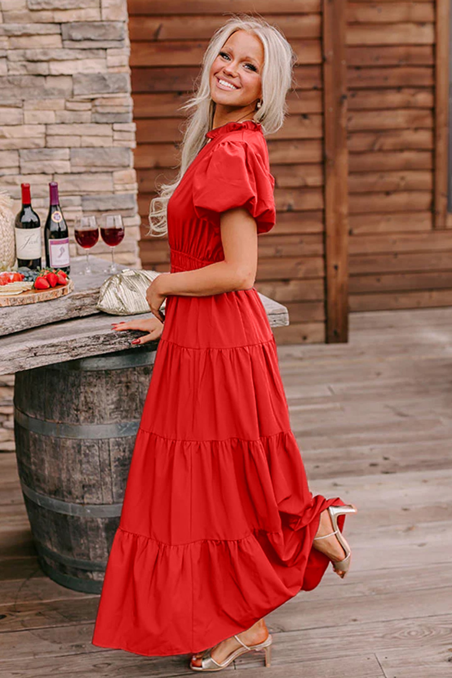 Effen maxi-jurk met V-hals korte pofmouwen en hoge taille