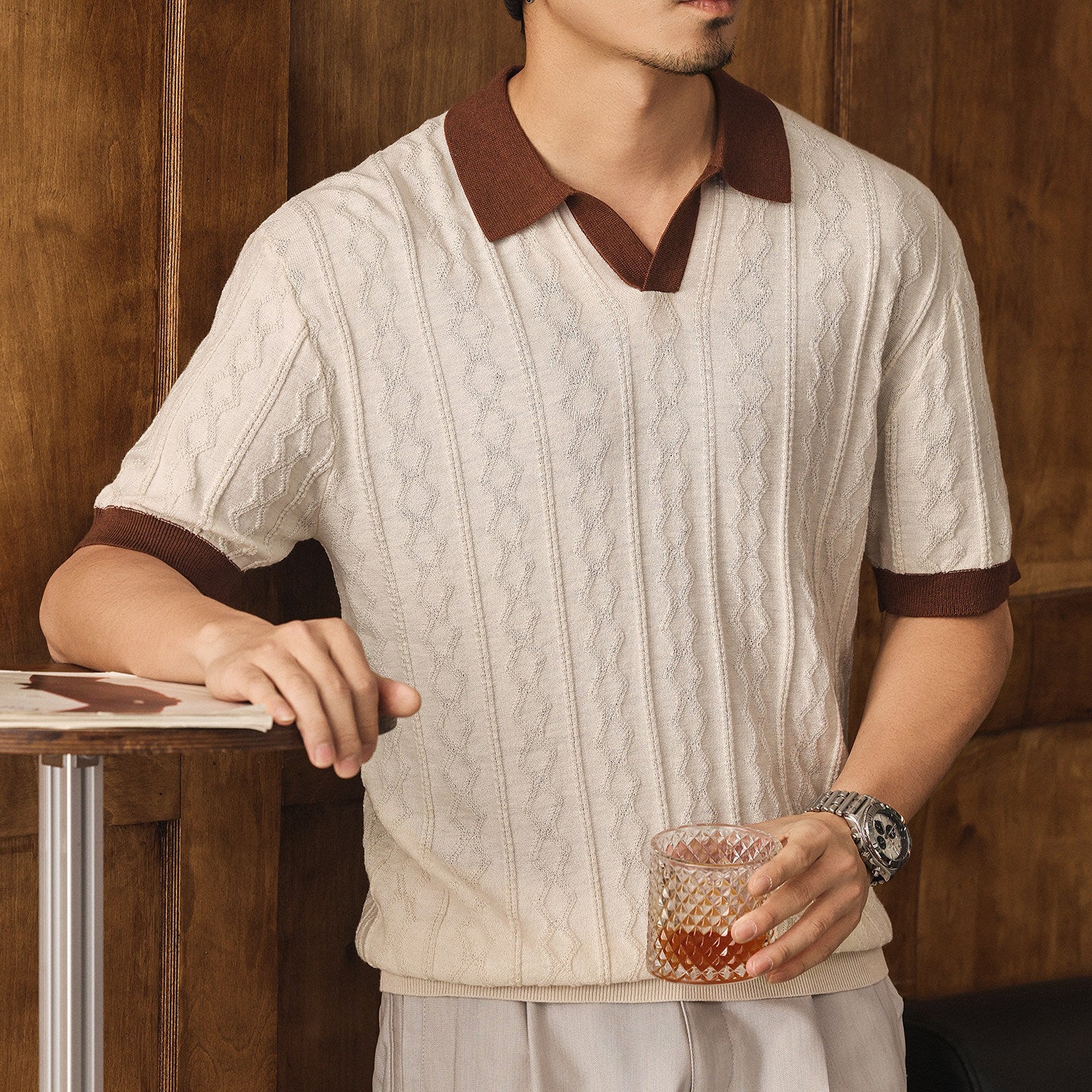 Men's Silk Jacquard Polo Shirt Summer Short Sleeve Knitwear