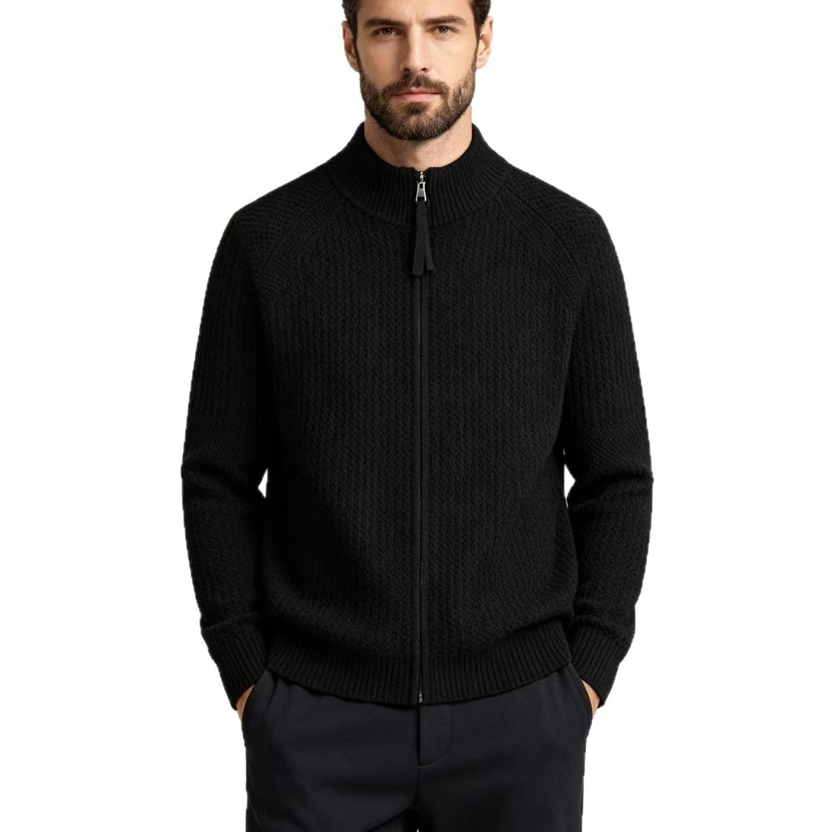 Mens Stand Collar Zip Up Knit Cardigan