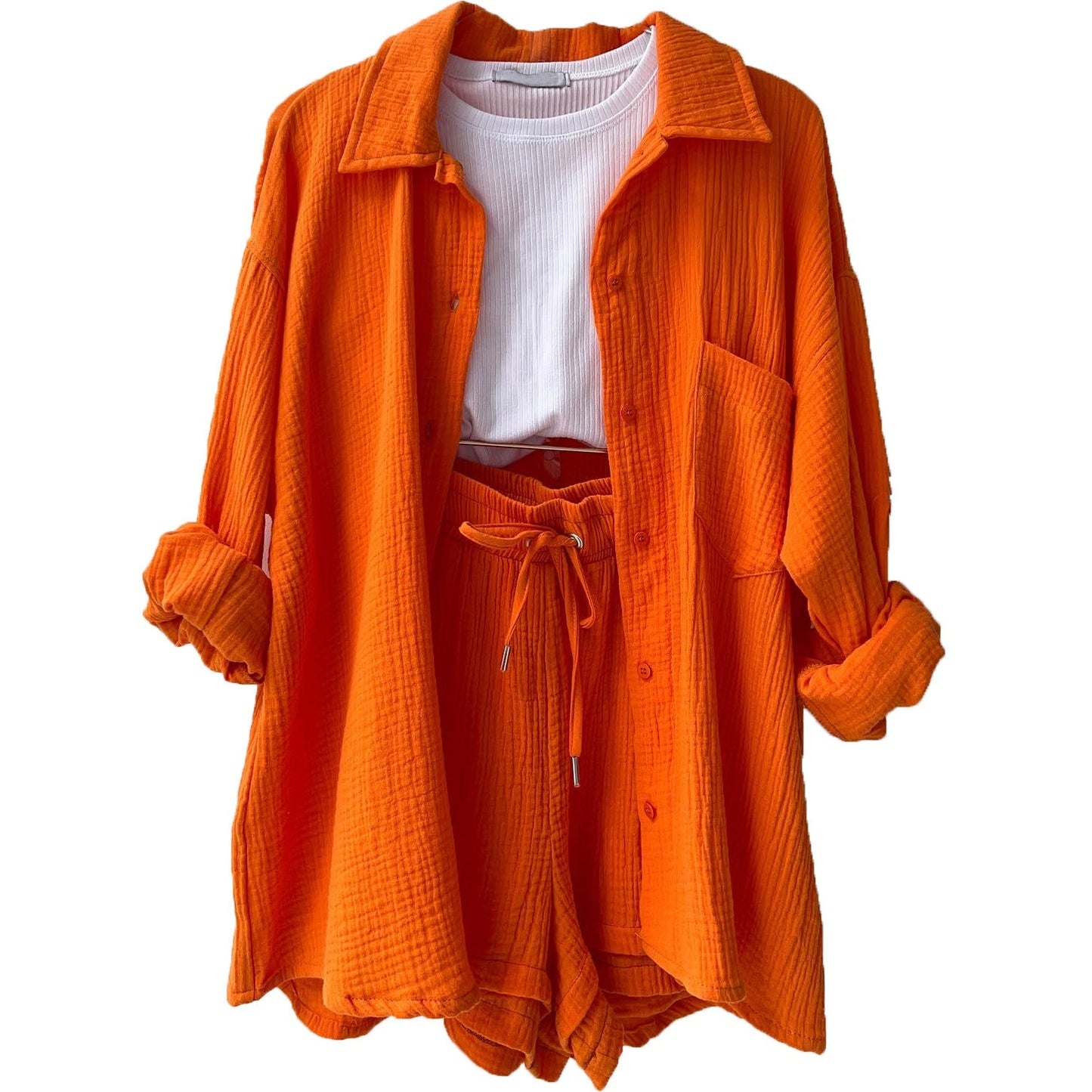 Wrinkled collar long sleeved shirt high waisted drawstring shorts two-piece set