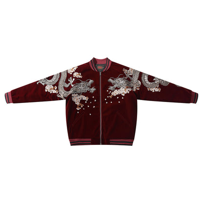 Casual fluwelen baseballjack voor heren met geborduurd drakendesign