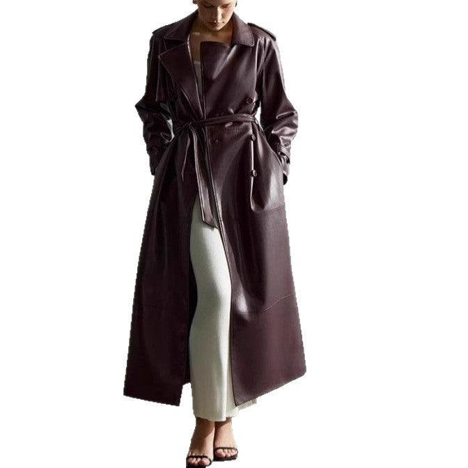 Deep Red Waist-Cinching Belted Suit Collar Long Slim-Fit Leather Coat Trench Coat Jacket