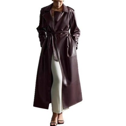 Deep Red Waist-Cinching Belted Suit Collar Long Slim-Fit Leather Coat Trench Coat Jacket