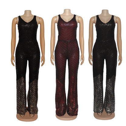 Sexy hoge stretch jumpsuit met diepe V-hals en pailletten