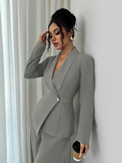 Women's V Neck Long Suit Jacket Wide Leg Pants Two Piece Set