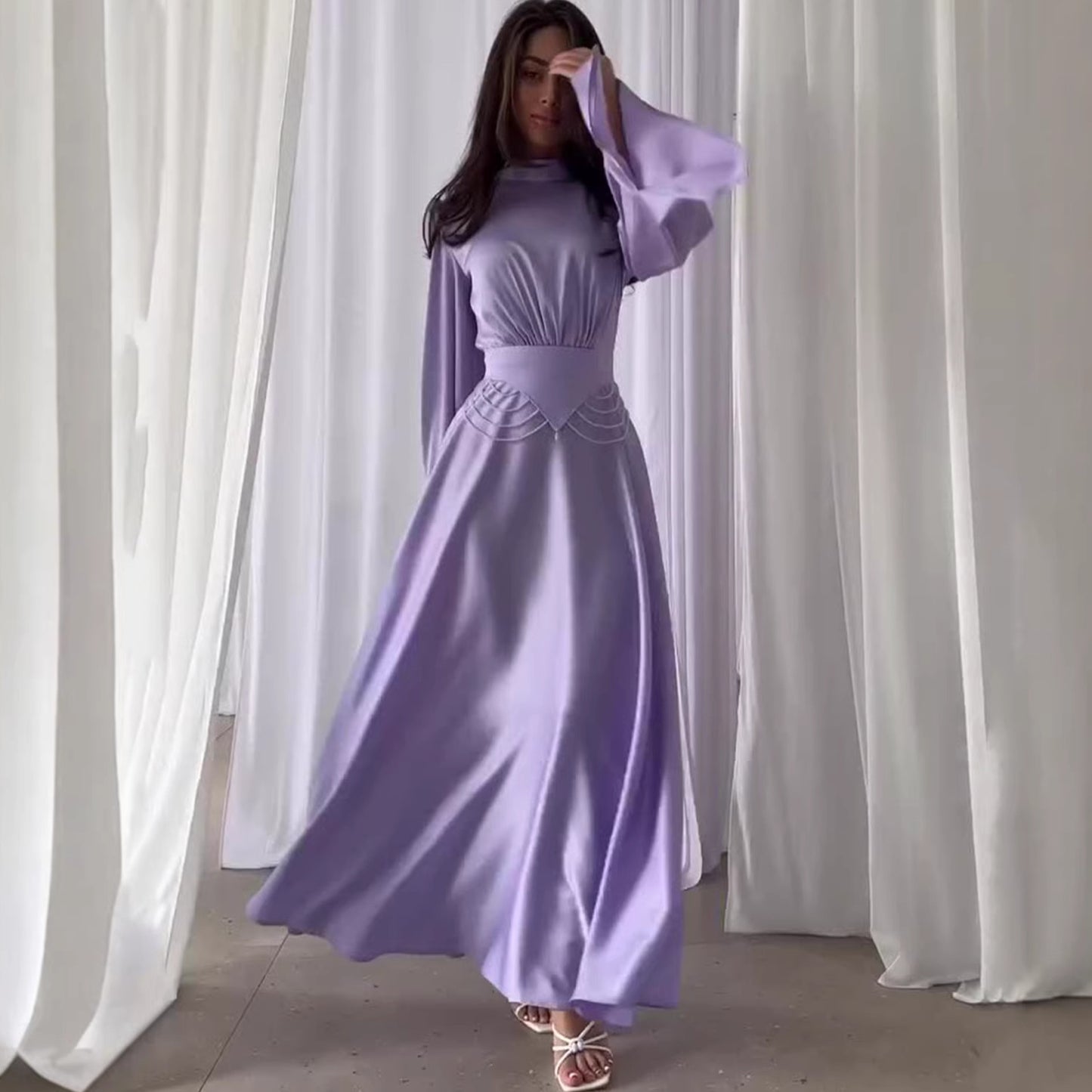 Elegant Solid Color Fashionable Long Sleeve Dress with Slim Waist and Breathable Design Summer Dress