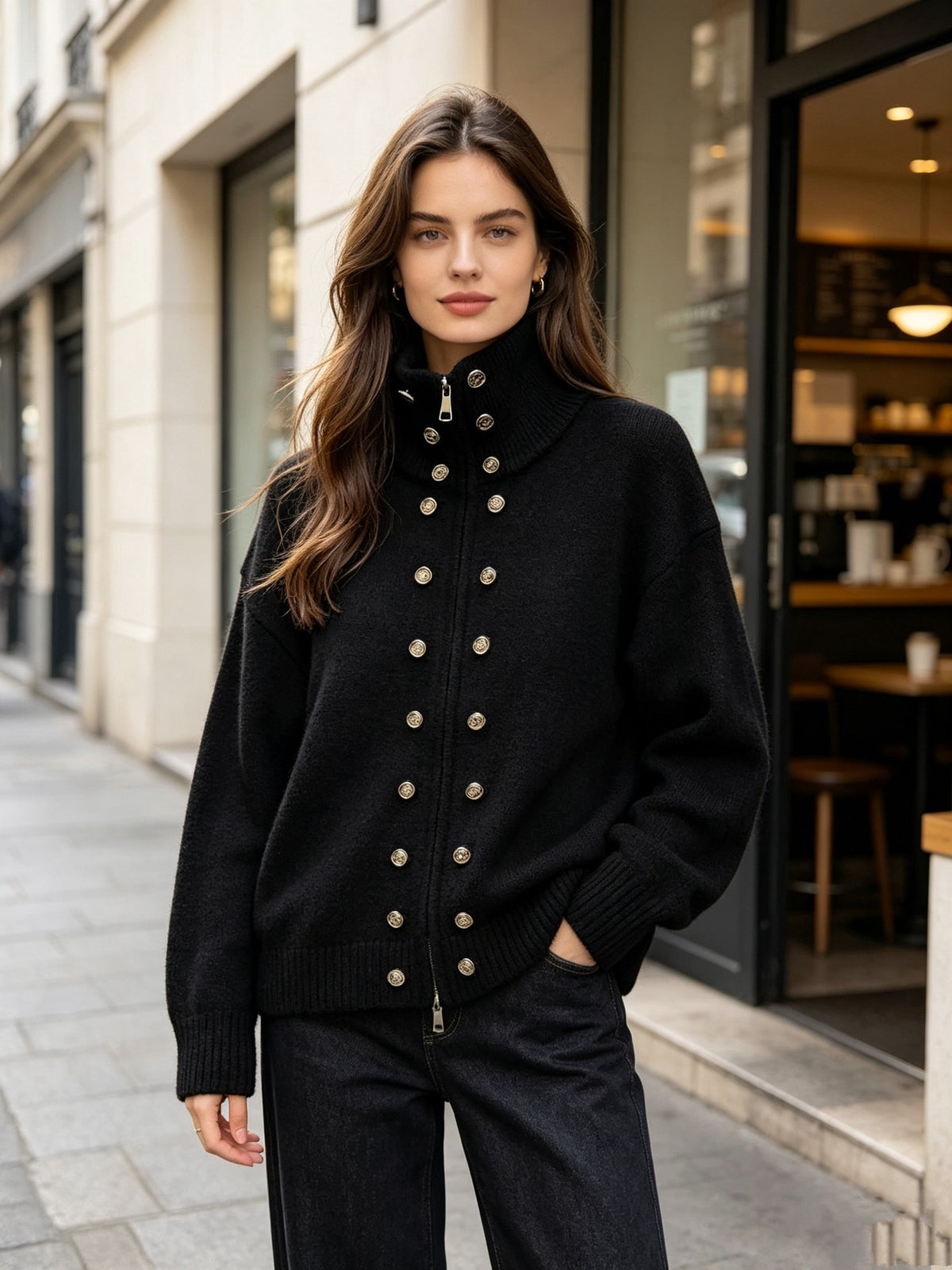 button-decorated knitted zipper cardigan sweater coat