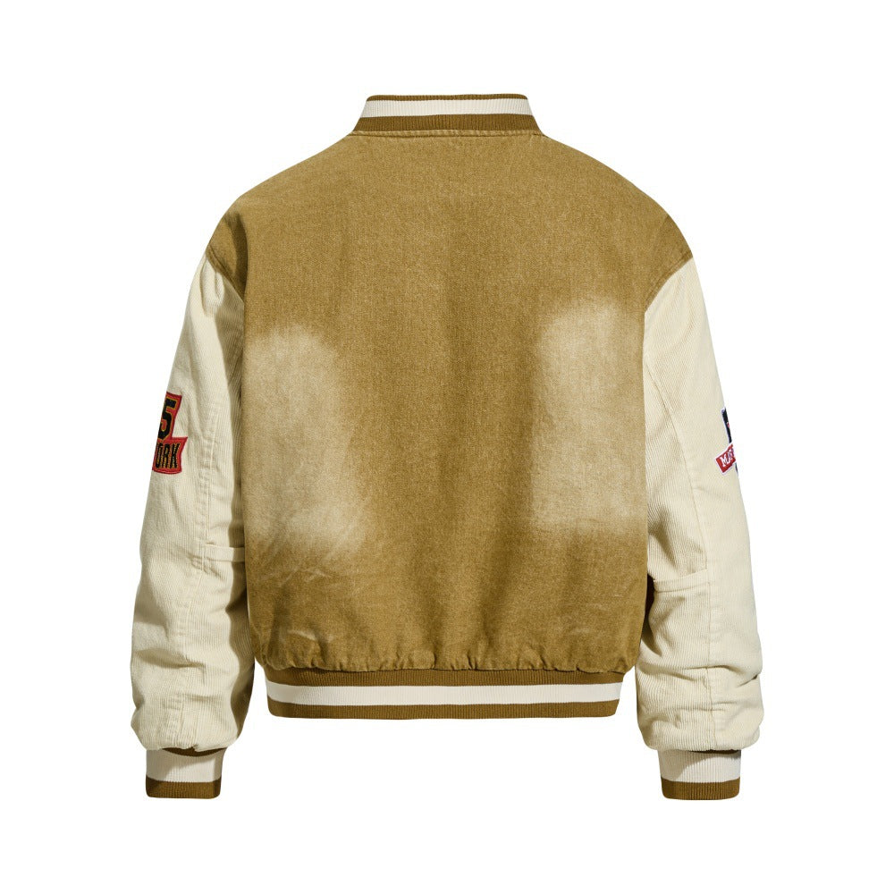 Baseballjack van gewassen denim met print