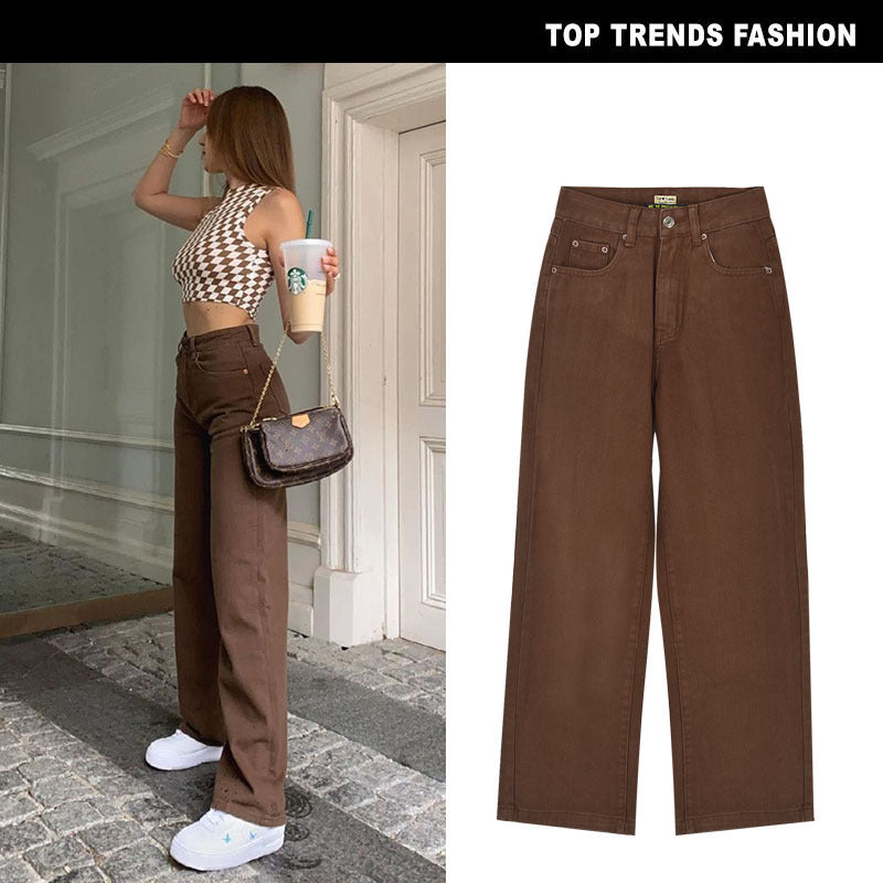 Damesbroek van bruin denim met hoge taille rechte pijpen en losse pasvorm