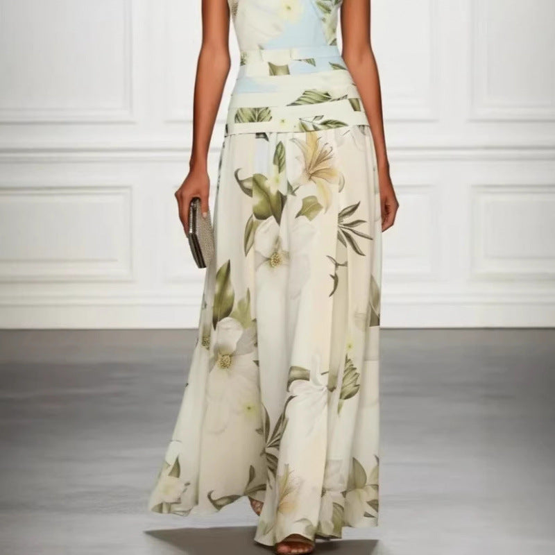 Mouwloze damesjurk met V-hals bloemenprint open rug en getailleerde lange rok