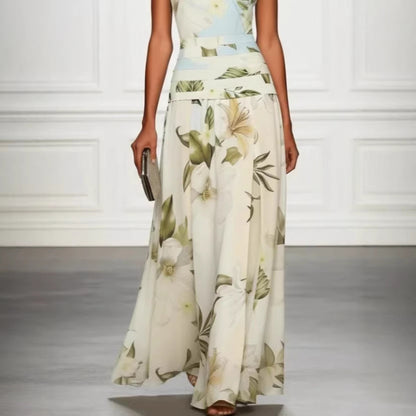 Mouwloze damesjurk met V-hals bloemenprint open rug en getailleerde lange rok