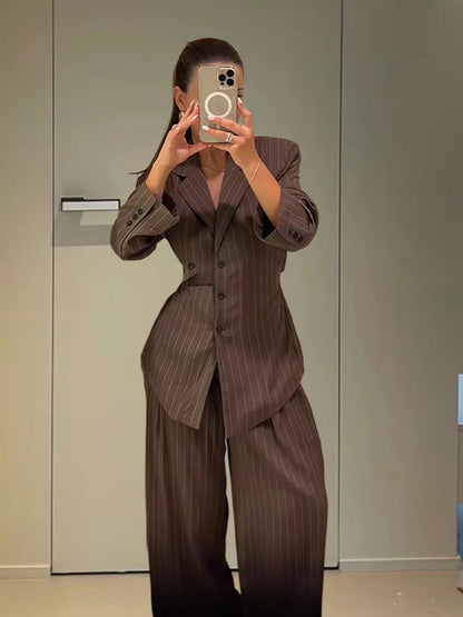 Striped Blazer and High-Waisted Pants Set