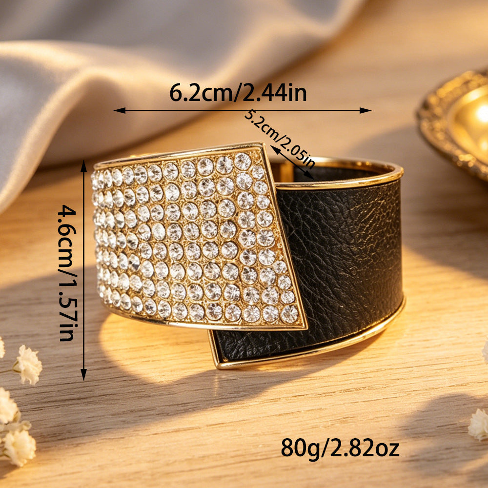 Manufacturer's best-selling simple European and American fashion light luxury metal full-diamond PU leather inlaid women's high-end bracelet wholesale