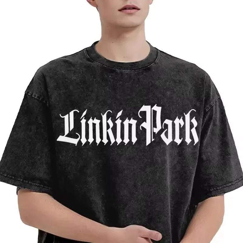 Summer Letter Pattern Printed T-Shirt Cotton Washed Vintage Distressed Short Sleeve Trendy Hip Hop Top