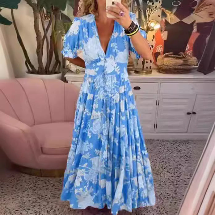 Lange jurk met bloemenprint en V-hals en elastische taille