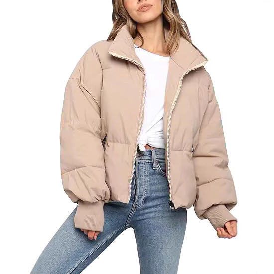 Womens Short Puffer Cotton Jacket Loose Fit Solid Color