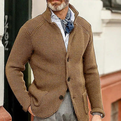 Mens Thick Knit Cardigan Sweater with Buttoned Lapel