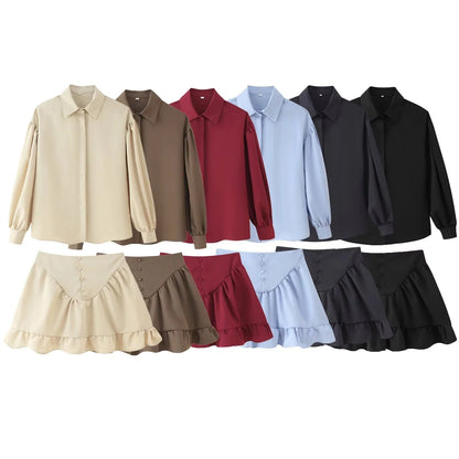 Women's Fashion Lapel Buttoned Blouse with Ruffle Hem Skirt Set