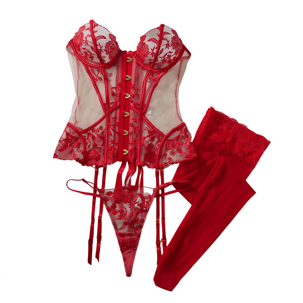 Embroidered Lace Lingerie Set with Stockings