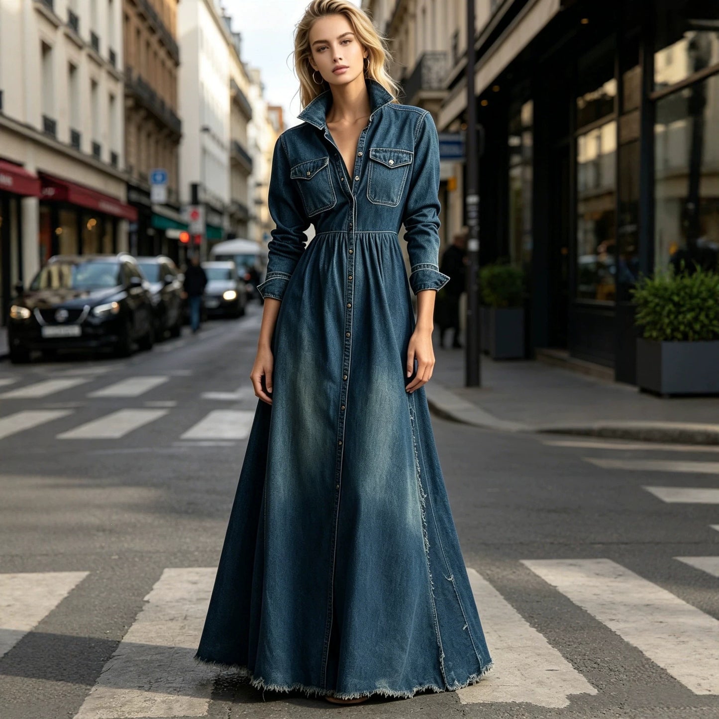 Taille-afslankende denimlook retro jurk met lange mouwen en knoopsluiting