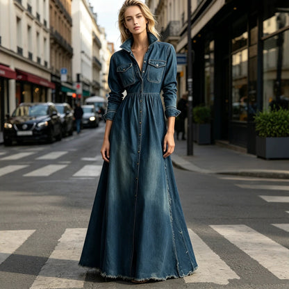 Taille-afslankende denimlook retro jurk met lange mouwen en knoopsluiting