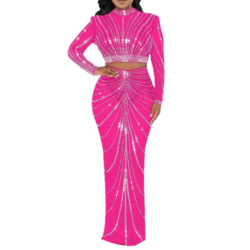 Women's Long Sleeve Dress Set with Mesh and Rhinestone