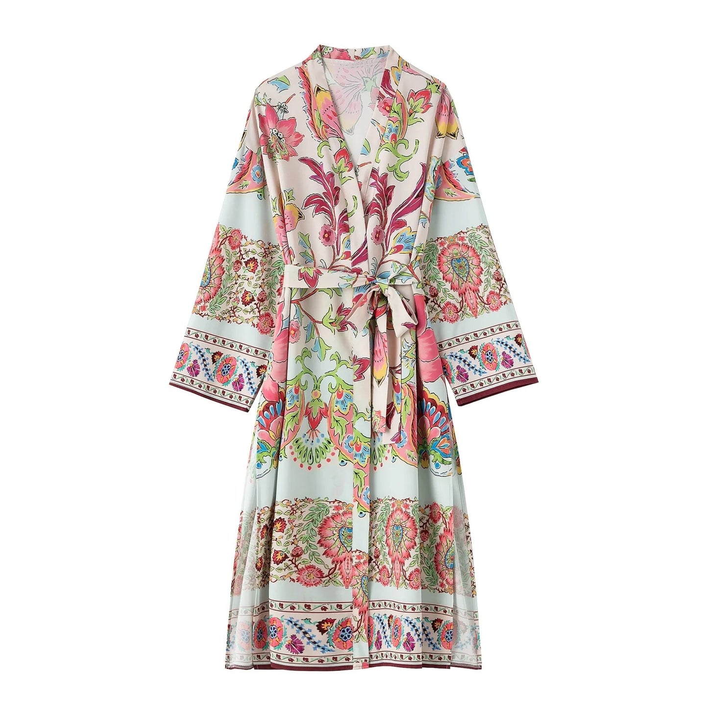 Woman Vintage Floral Print Kimono Dress Women V Neck Sashes Side Split Long Dress Fashion Holiday Boho Dress