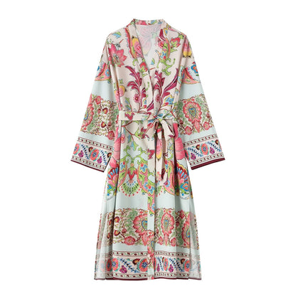 Woman Vintage Floral Print Kimono Dress Women V Neck Sashes Side Split Long Dress Fashion Holiday Boho Dress