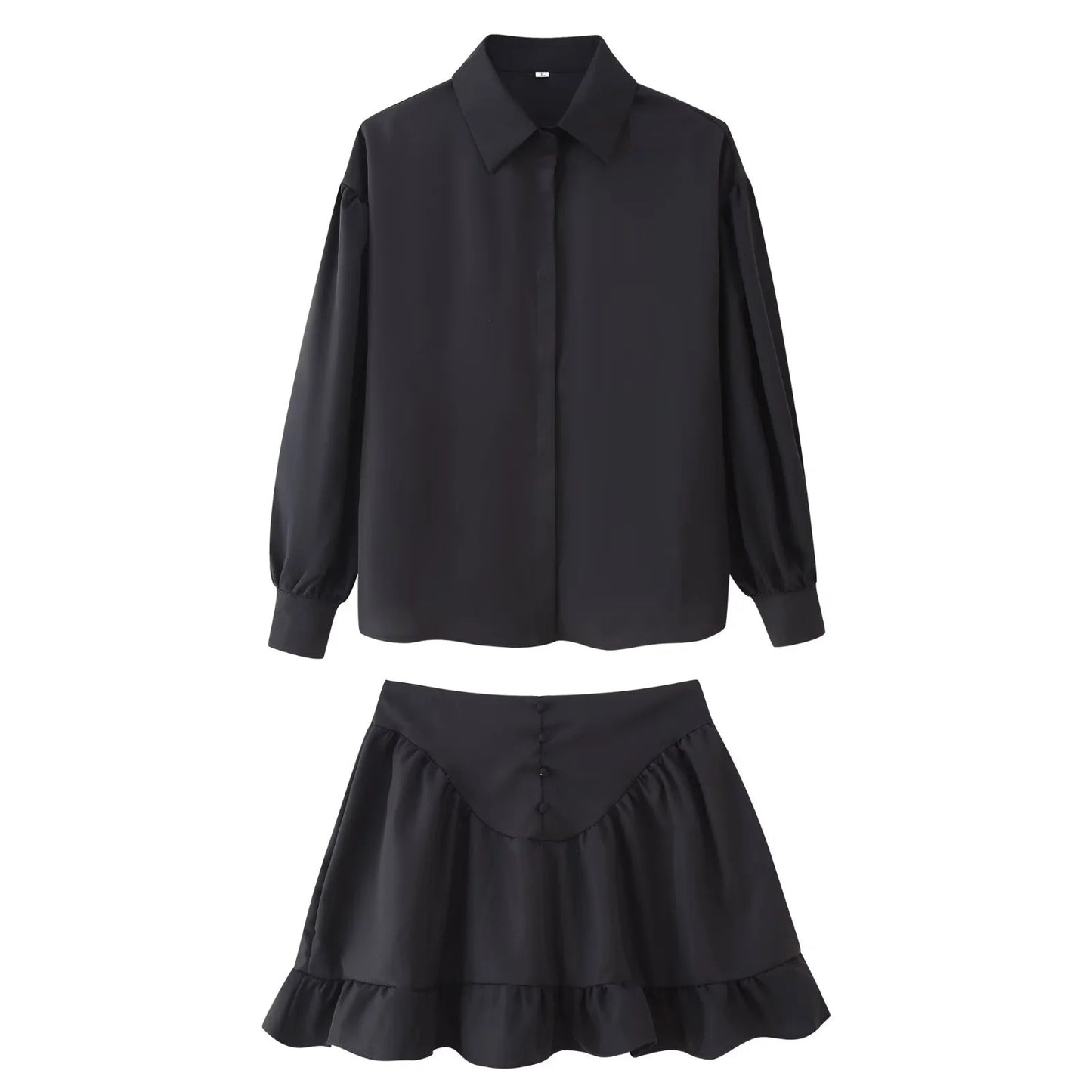 Women's Fashion Lapel Buttoned Blouse with Ruffle Hem Skirt Set